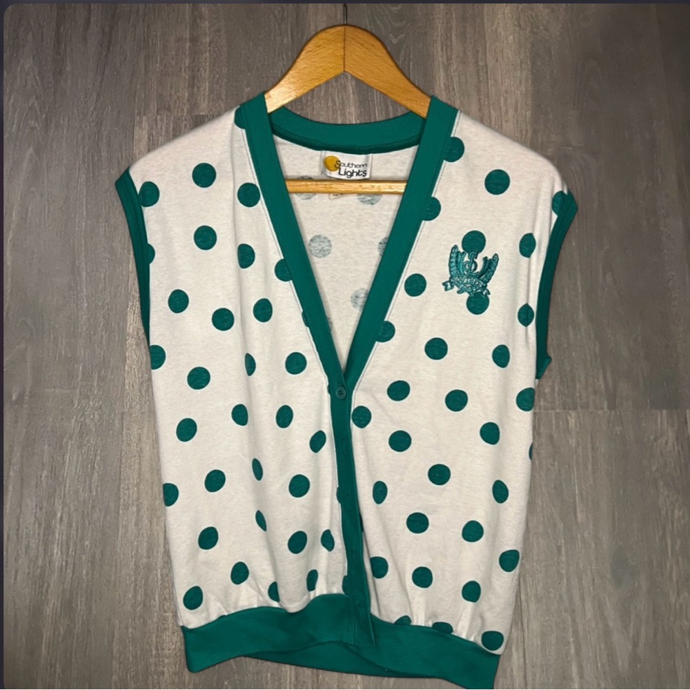 Vintage Southern Lights Green Polka Dot‎ Cardigan Made in USA Size S